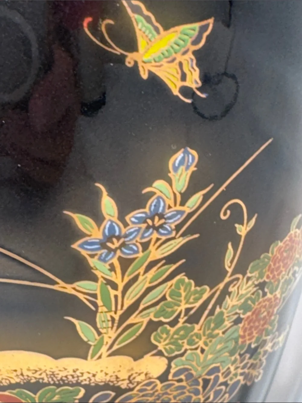 Japanese Black Ceramic Fine Art Vase featuring detailed multi-color floral VTG